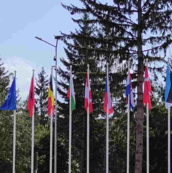 Steaguri mari printate alianța NATO fundație beton Steaguri de foarte mari dimensiuni, printate cu diverse țări, inclusiv alianța NATO, realizate și montate în fundație de beton, lucrare executată perfect